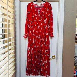 Elegant Red Floral Long Sleeve Dress